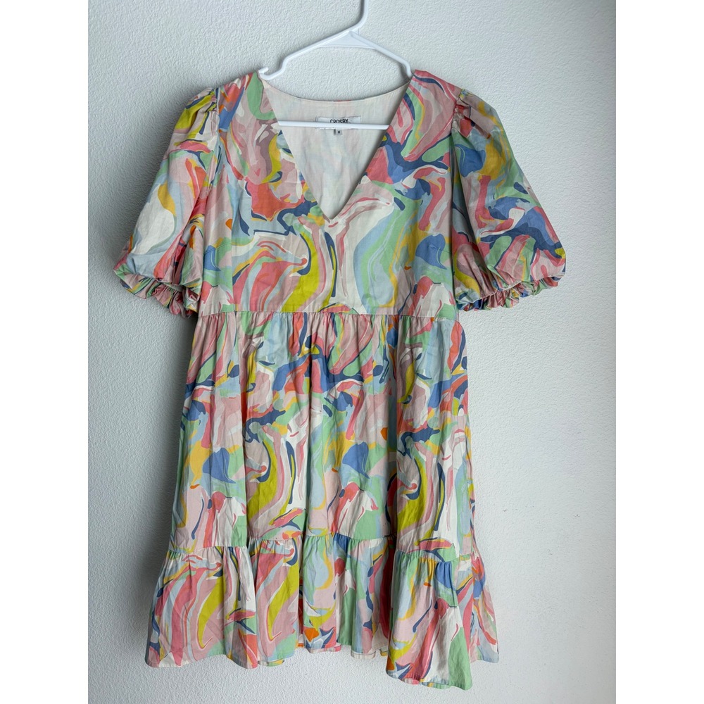 Crosby by Mollie Burch‎ V-Neck Puff Sleeve Abstract Swirl Mini Dress Womens M
